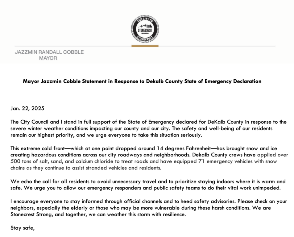 Mayor Jazzmin Cobble Statement in Response to Dekalb County State of Emergency Declaration